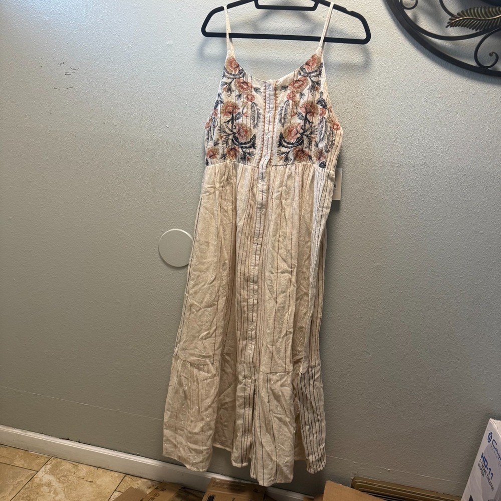 Jackson Rowe Linen‎ Blend Boho Embroidered Maxi Dress L Striped Floral